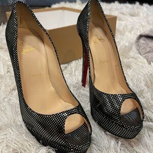 Christian Louboutin Black and Silver Peep-Toe Heels